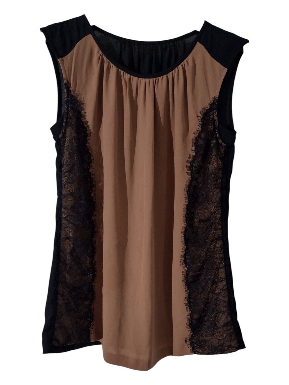 Sleeveless Taupe & Black Lace Trim Blouse